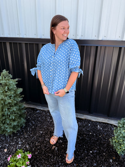 Polka Dot V-Neck Short Bow Sleeve Casual Shirt