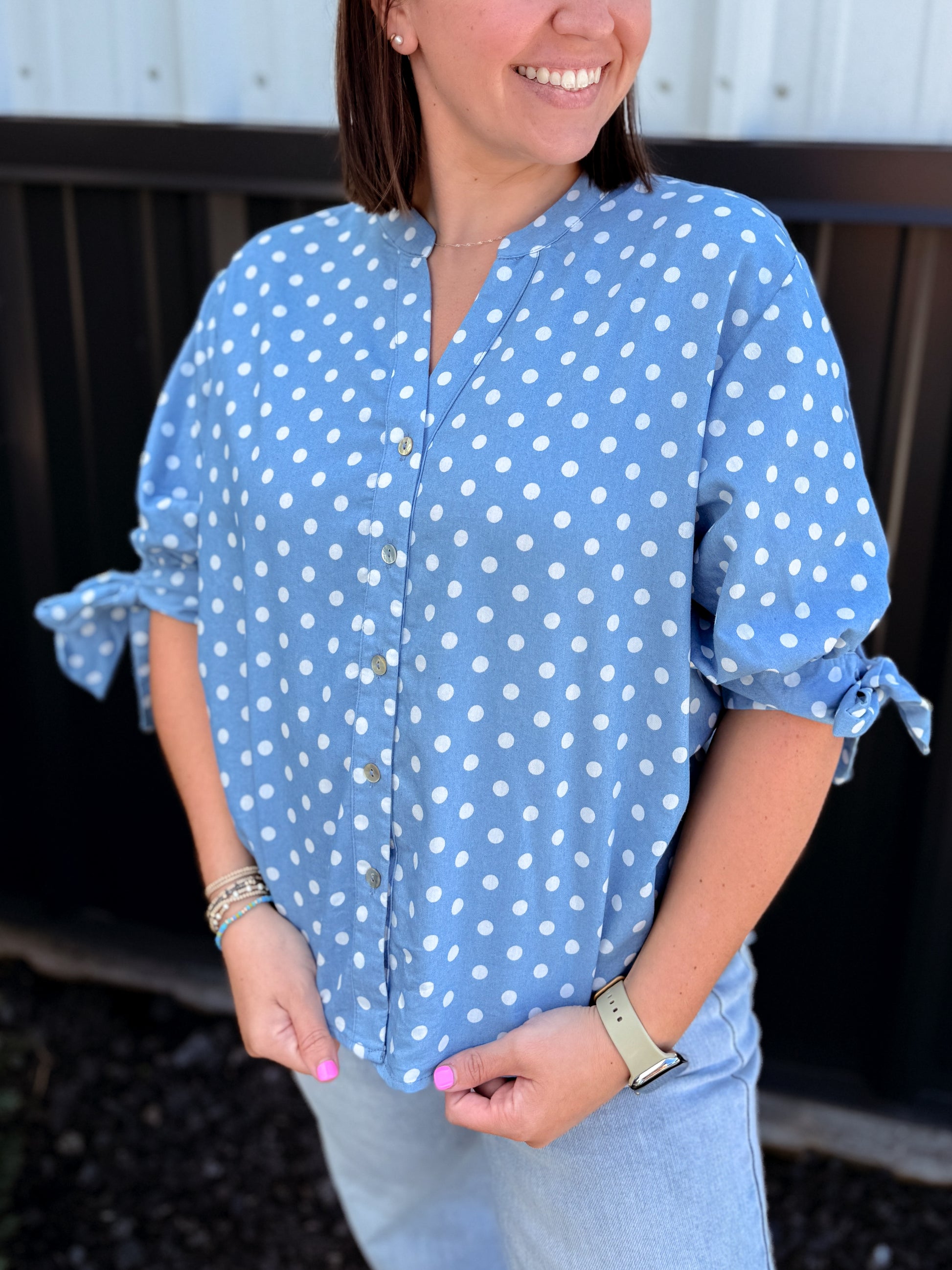 Polka Dot V-Neck Short Bow Sleeve Casual Shirt