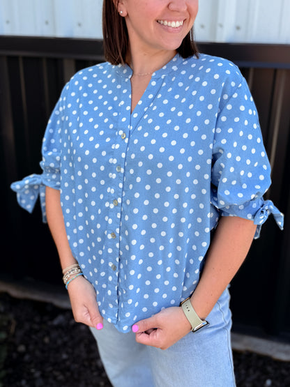 Polka Dot V-Neck Short Bow Sleeve Casual Shirt