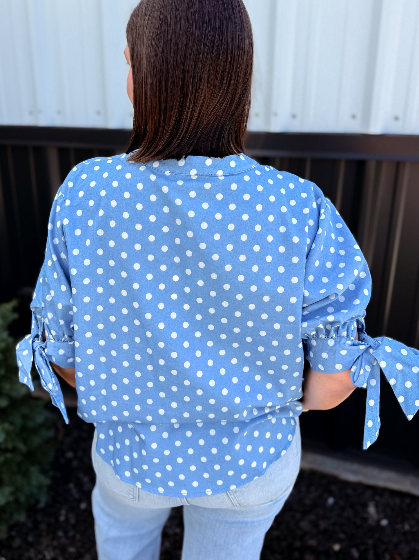 Polka Dot V-Neck Short Bow Sleeve Casual Shirt