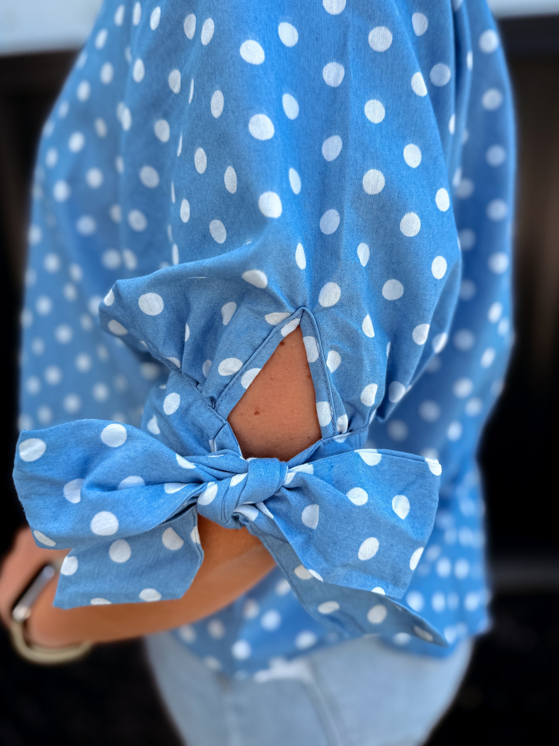 Polka Dot V-Neck Short Bow Sleeve Casual Shirt