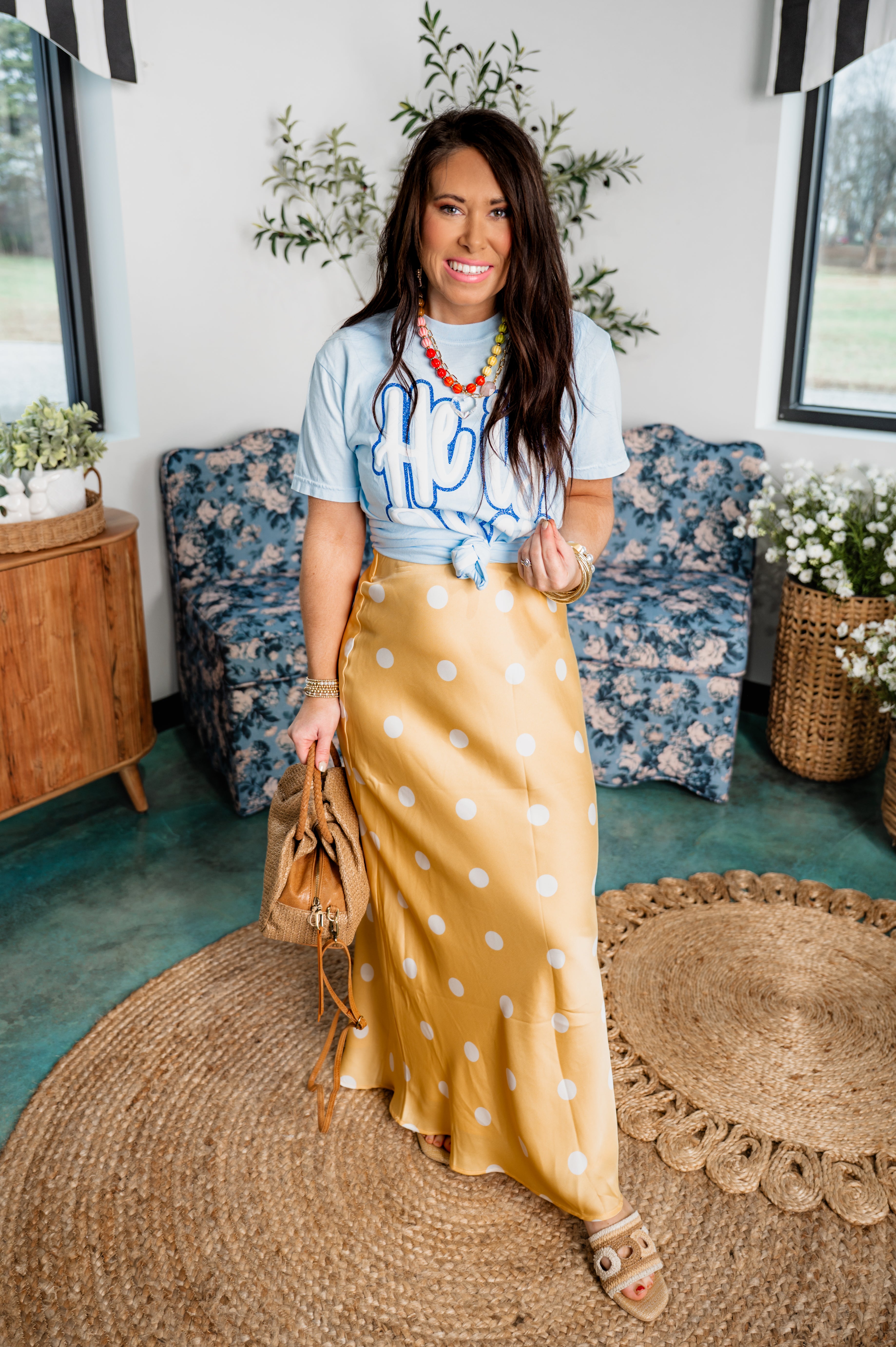 Polka Dot Satin Midi Skirt