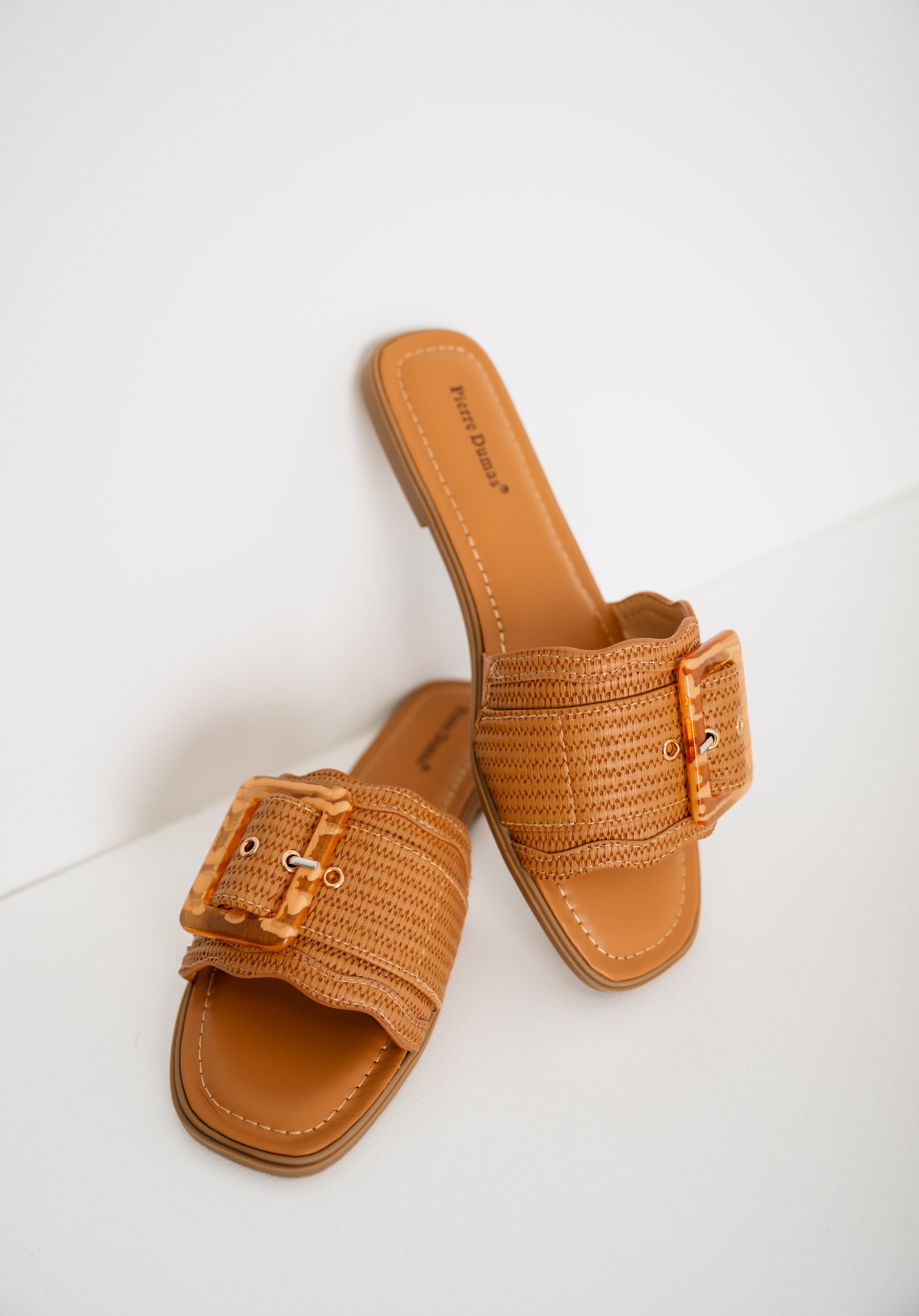 Press Raffia Slide Sandals - Tan