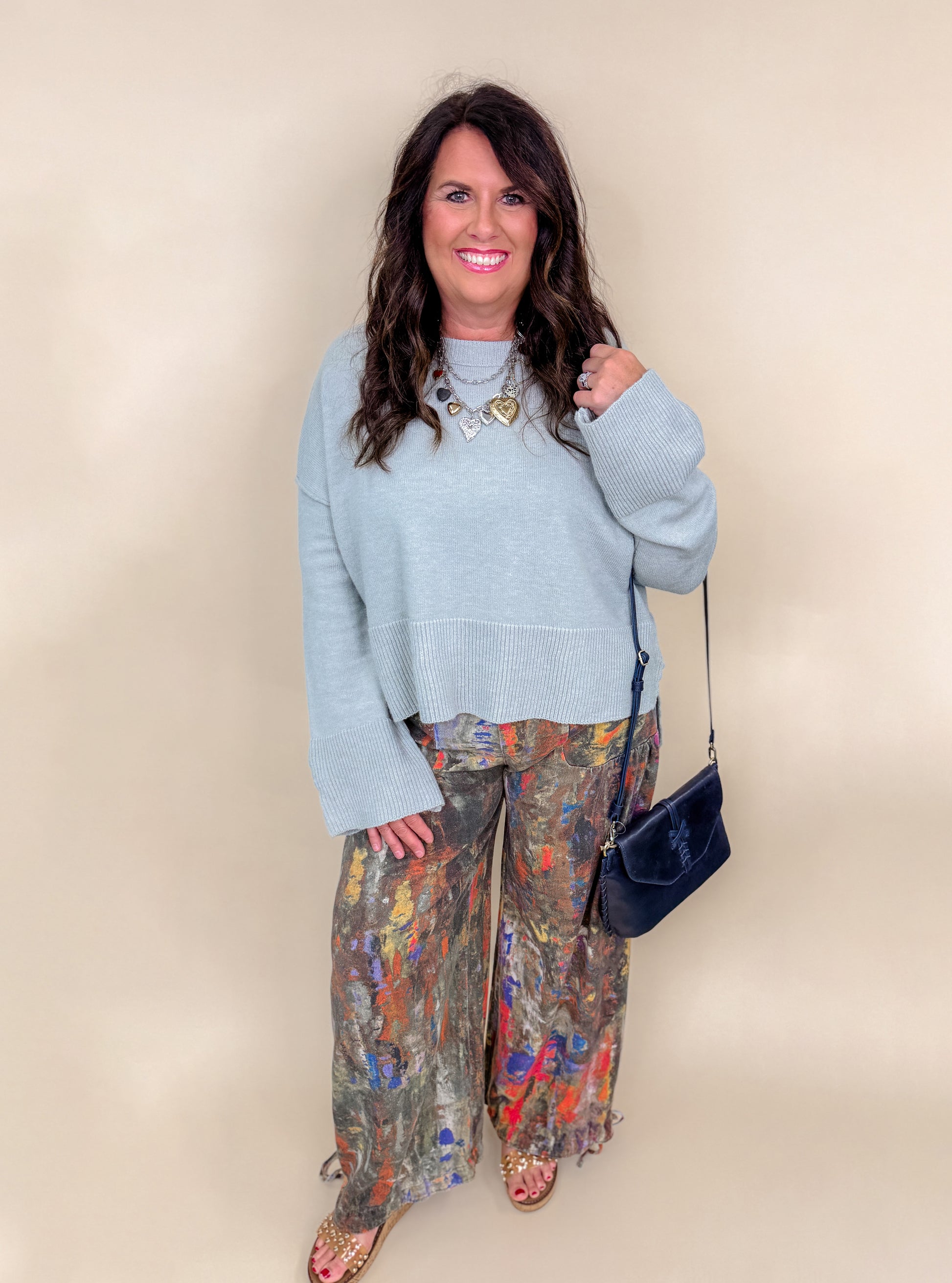 Printed Denim Wide-Leg Pants