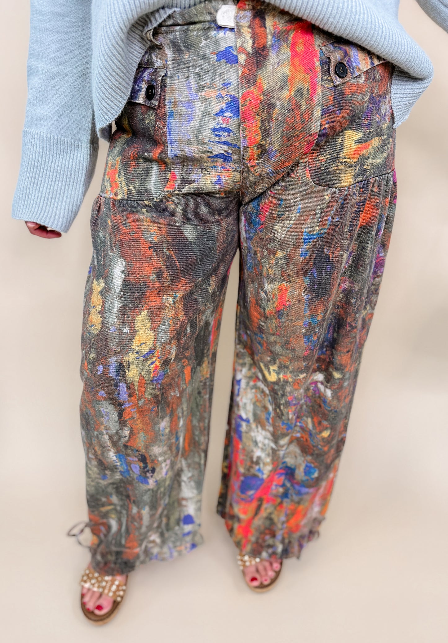 Printed Denim Wide-Leg Pants