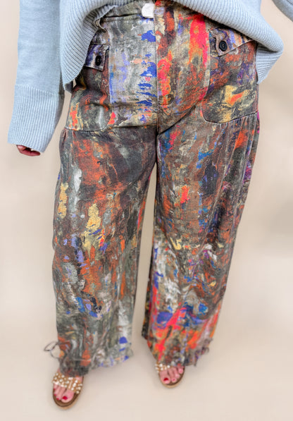 Printed Denim Wide-Leg Pants