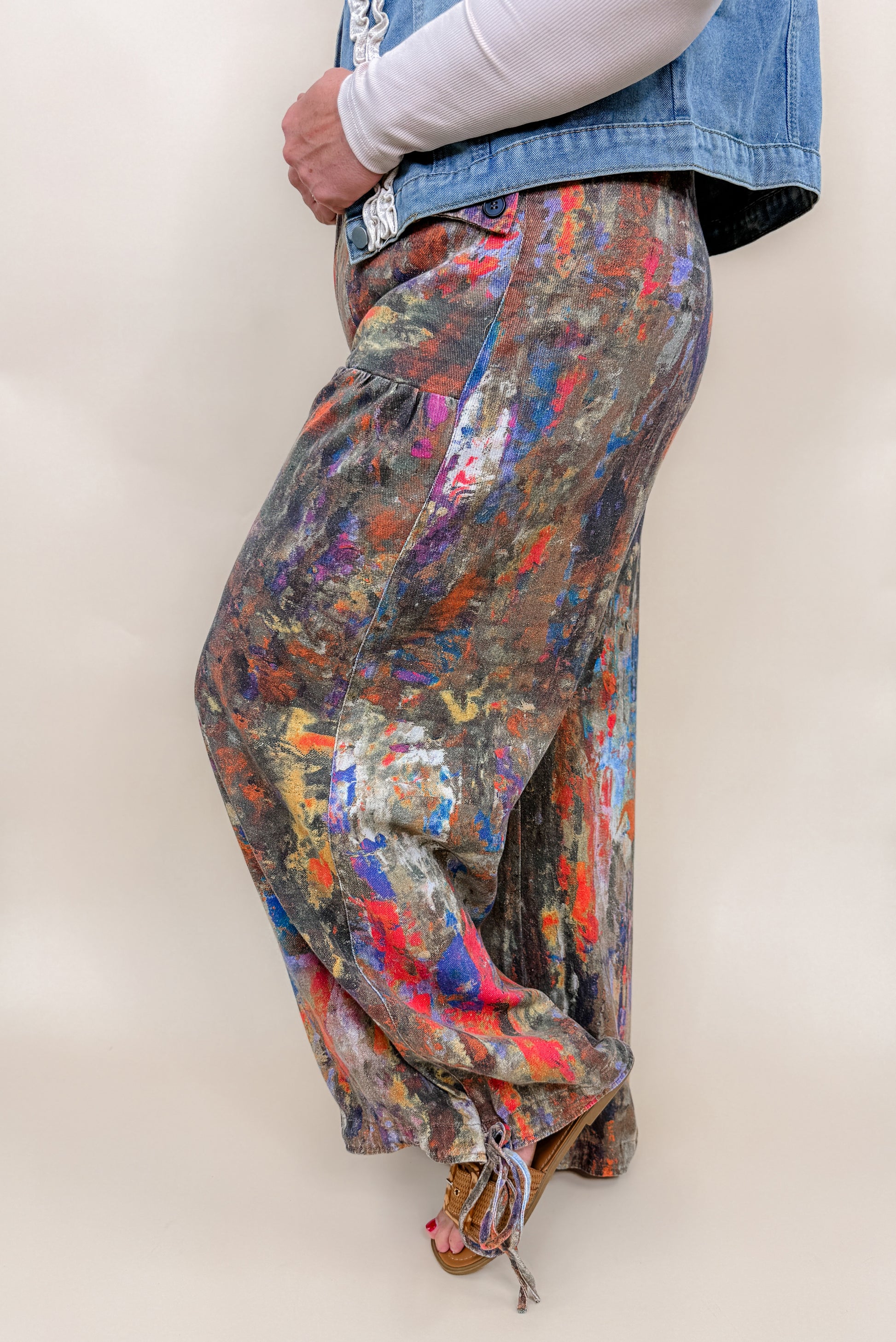 Printed Denim Wide-Leg Pants