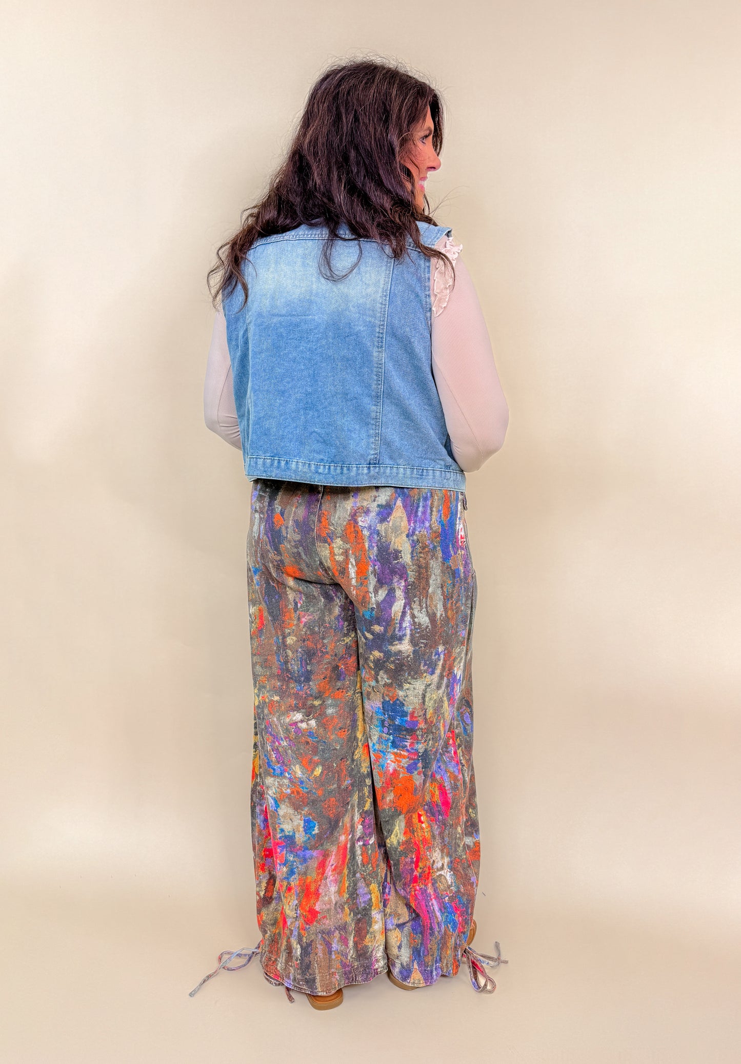 Printed Denim Wide-Leg Pants