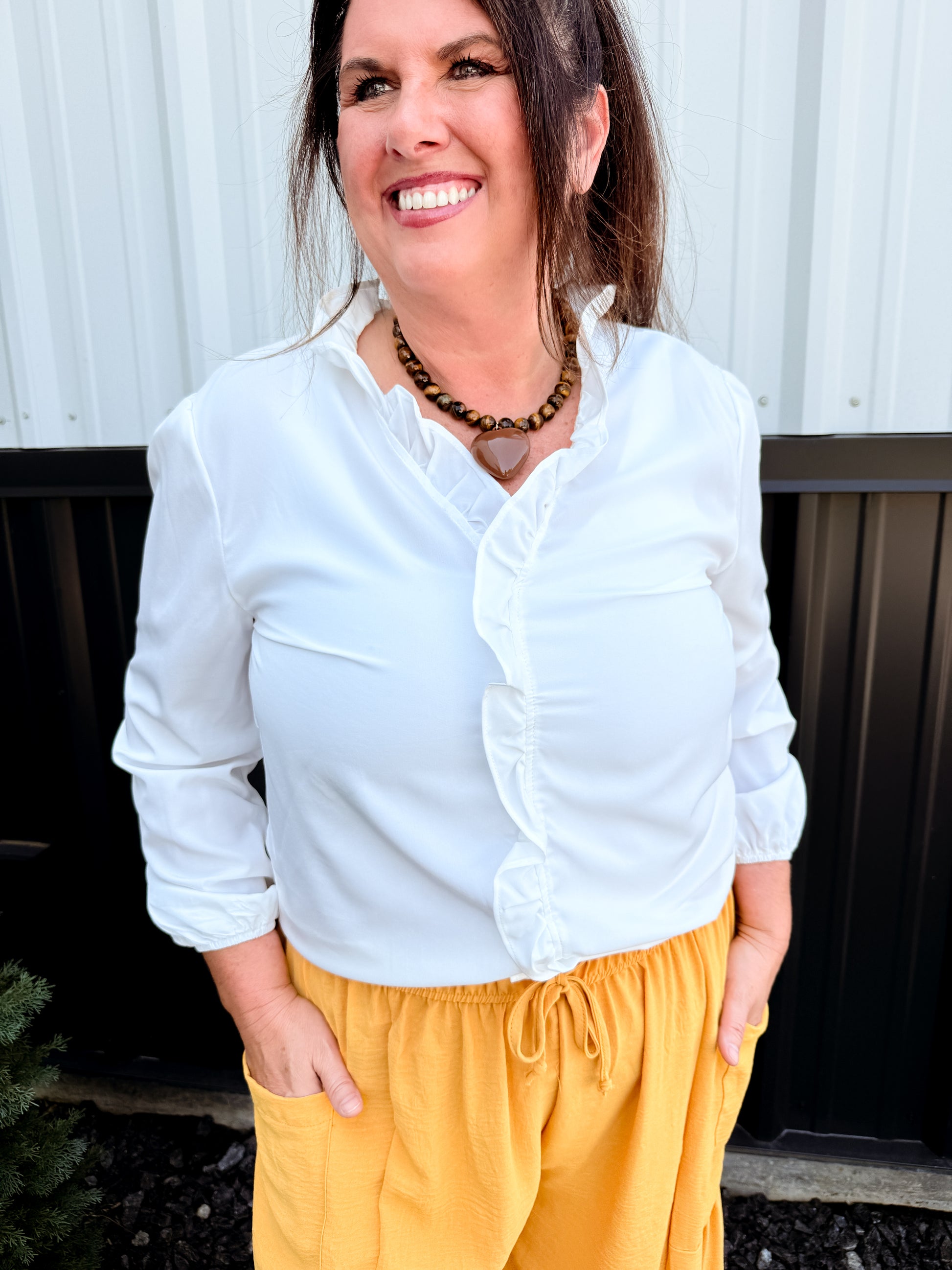 Puff Sleeve Solid V-Neck Top