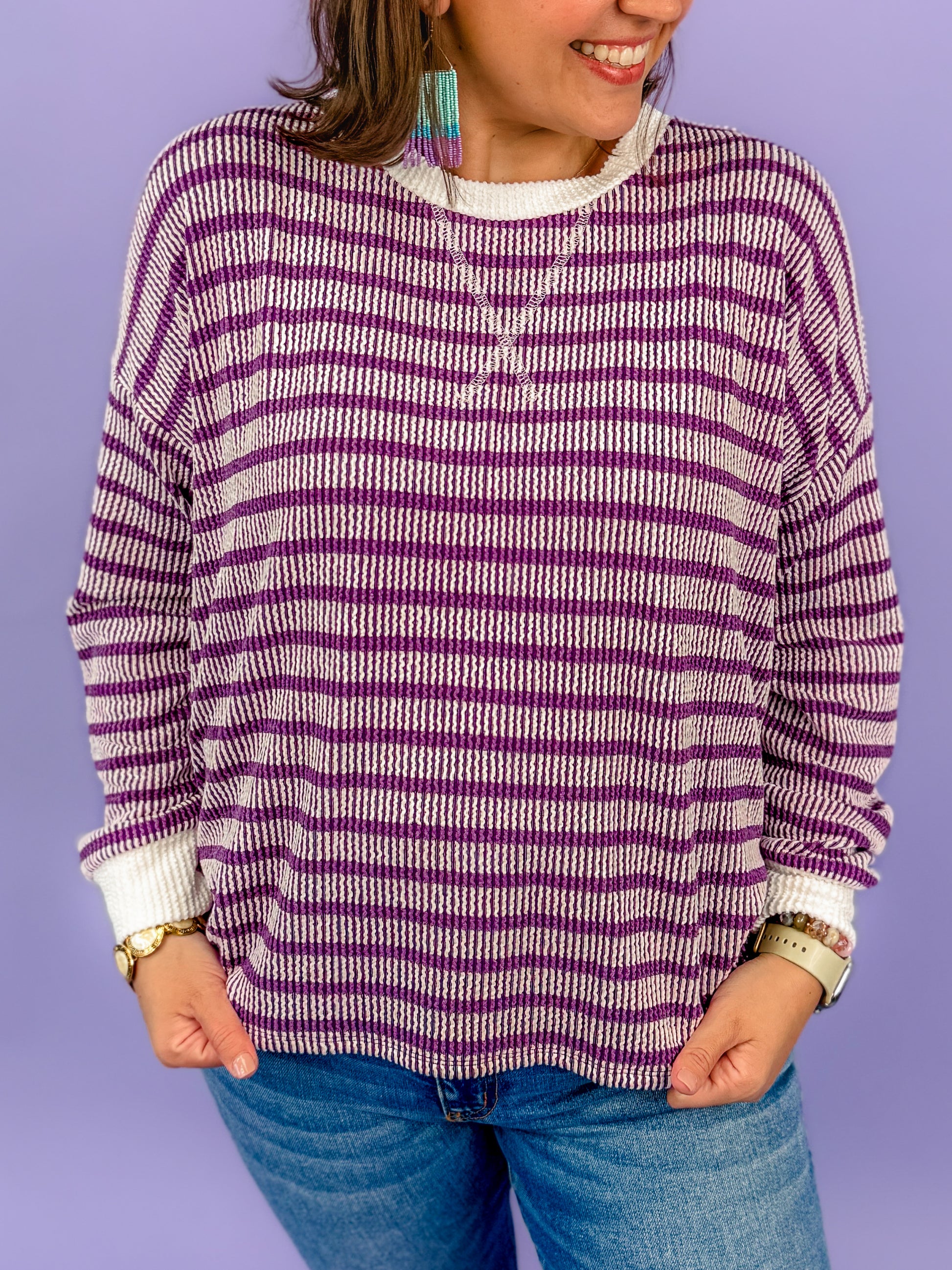 Raised Rib Striped Round Neck Pullover | DOORBUSTER