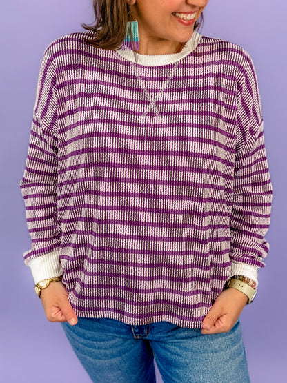 Raised Rib Striped Round Neck Pullover | DOORBUSTER