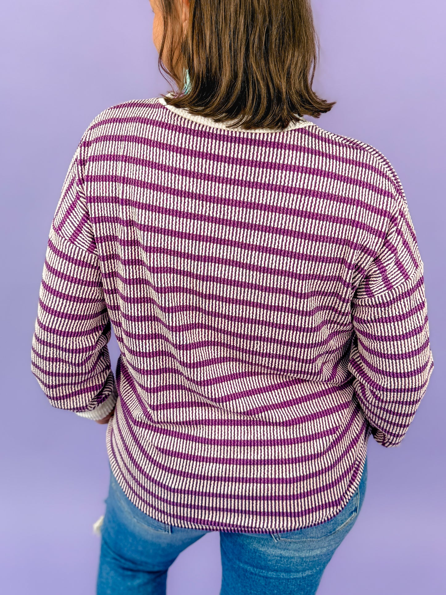Raised Rib Striped Round Neck Pullover | DOORBUSTER