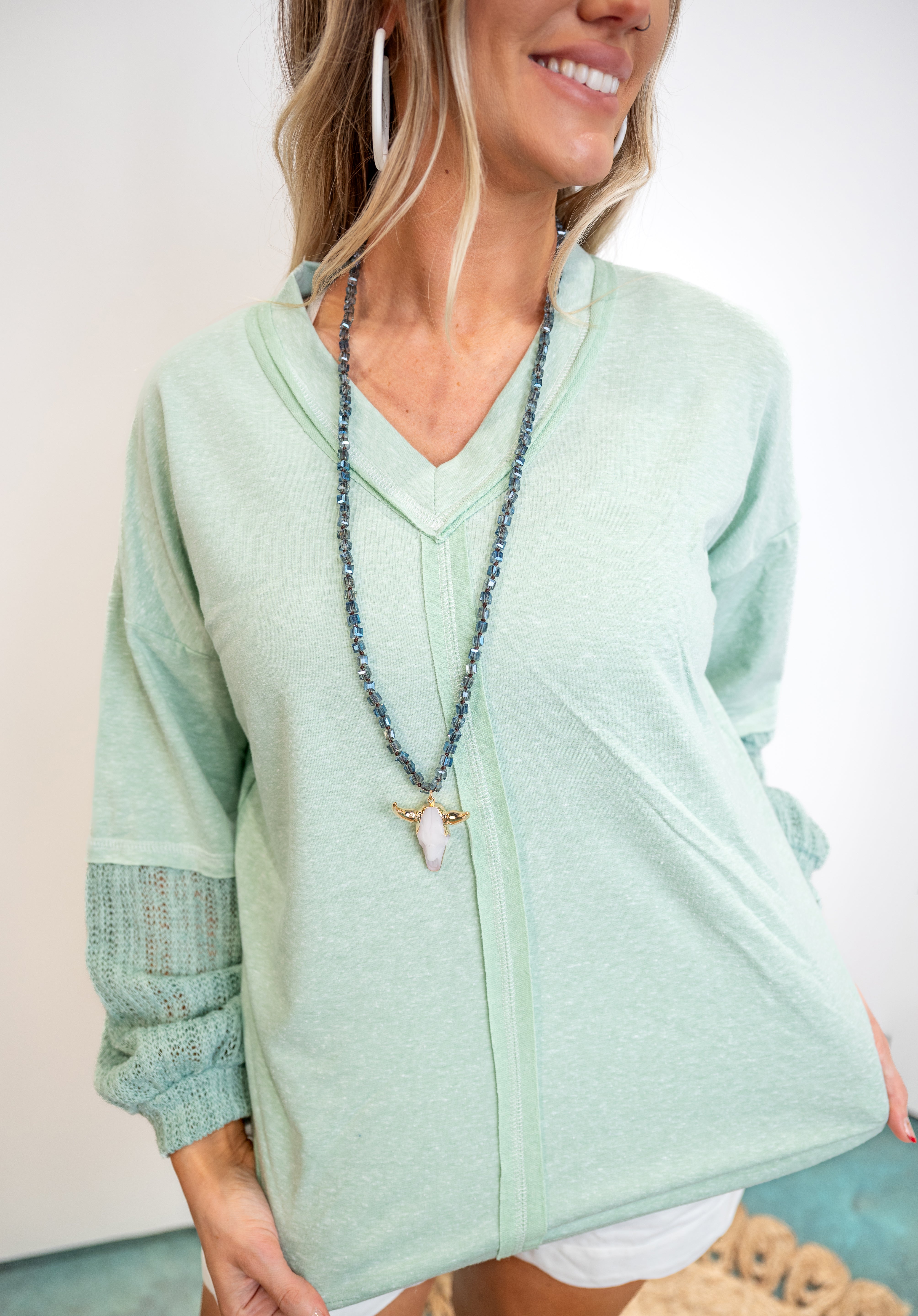 Raw Edge Sweatshirt With Gauze Sleeves - Mint
