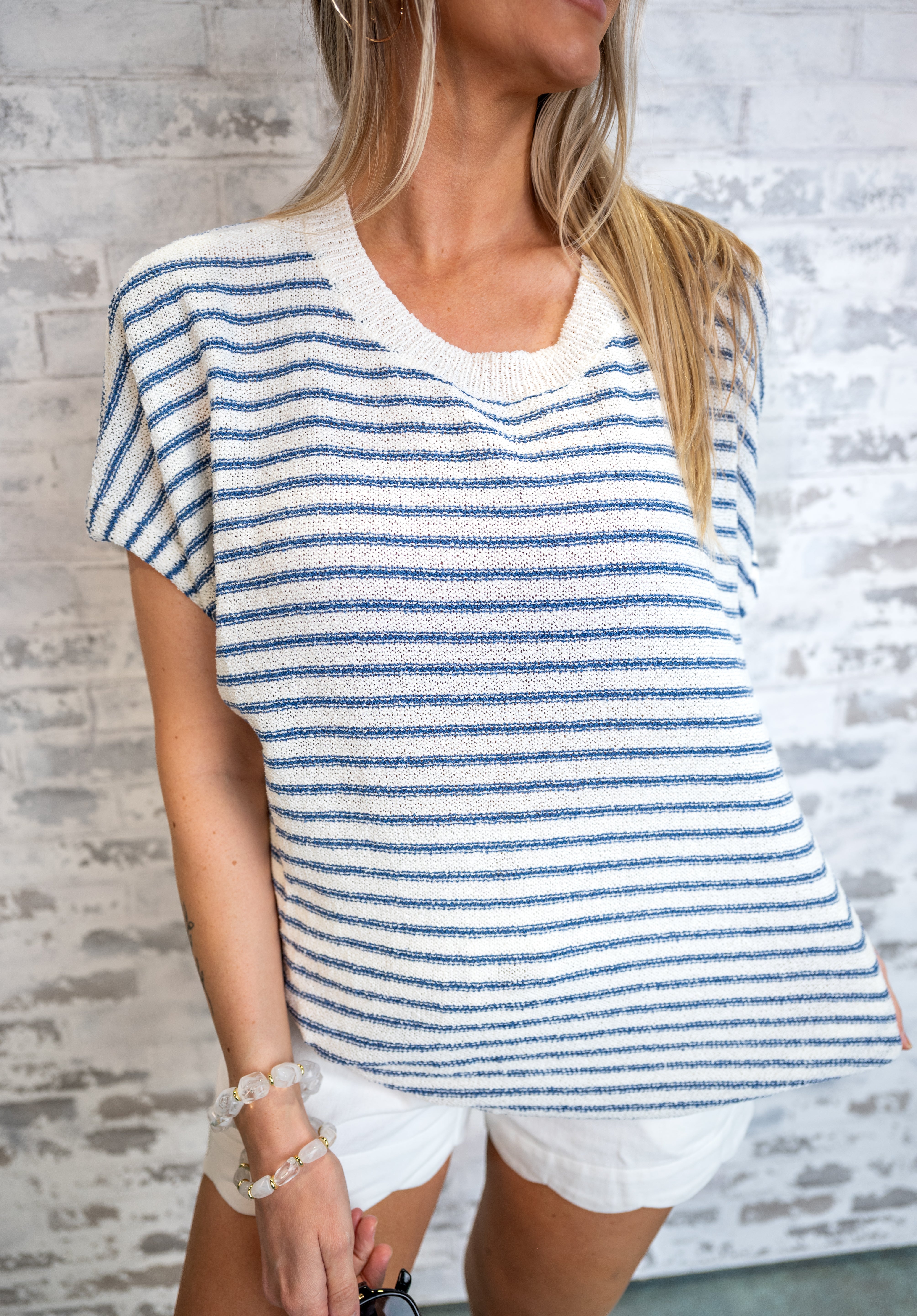 Relaxed Stripe Knit Pullover - Blue