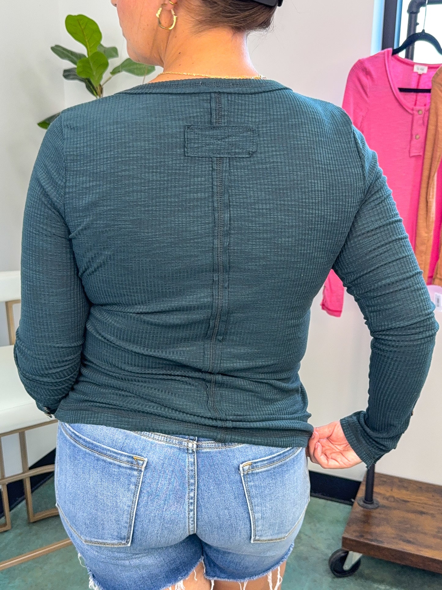 Ribbed Henley Neck Stitched Fitted Long Sleeve