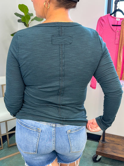 Ribbed Henley Neck Stitched Fitted Long Sleeve