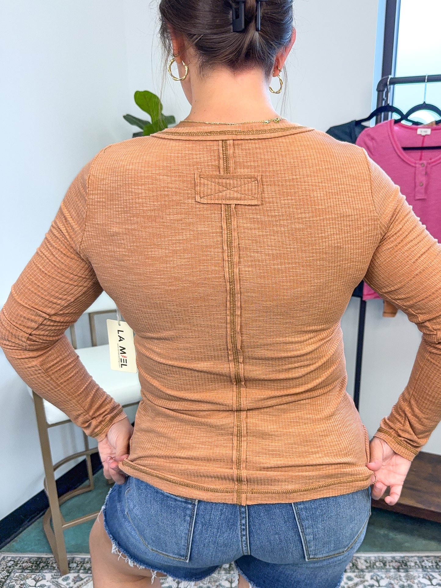 Ribbed Henley Neck Stitched Fitted Long Sleeve