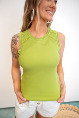 Ribbed Tank With Exposed Seam Detail - Green
