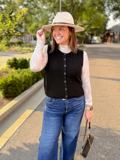 Ribbed Trim Sleeveless Knit Button Cardigan - Black