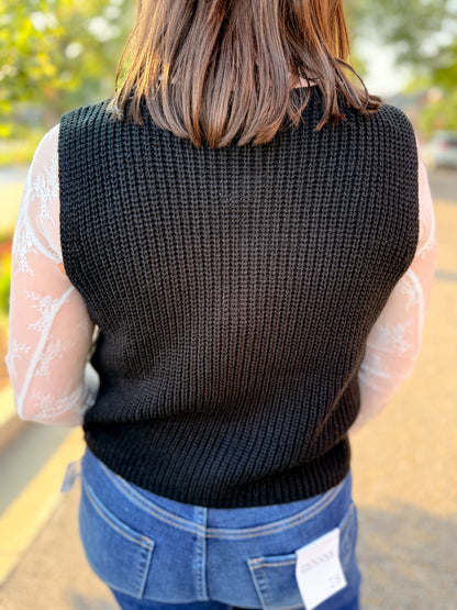 Ribbed Trim Sleeveless Knit Button Cardigan - Black