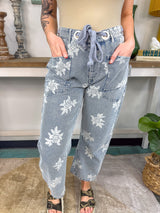 Rose Printed Denim Pants with Belt