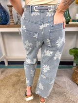 Rose Printed Denim Pants with Belt