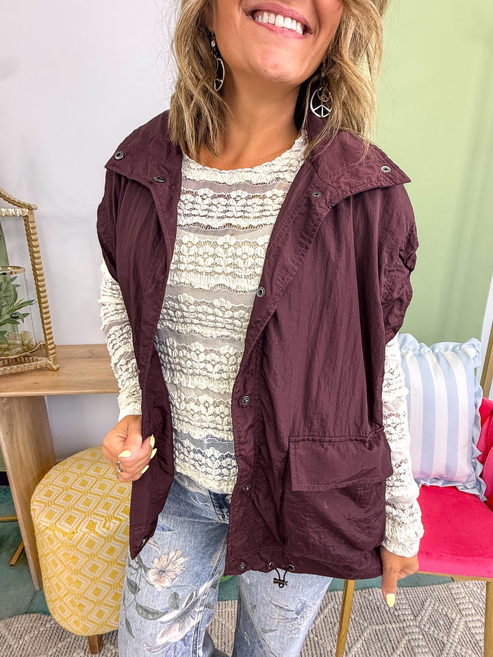 Ruffle-Shoulder Nylon Vest with Pockets