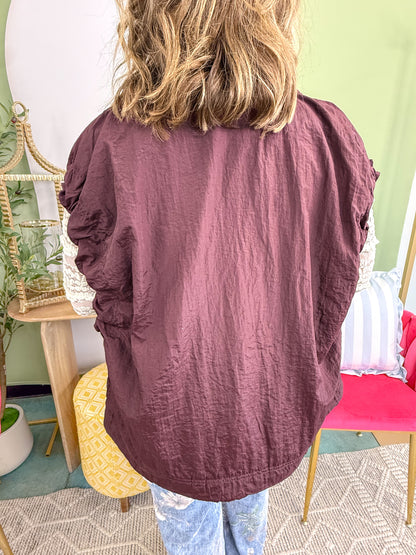 Ruffle-Shoulder Nylon Vest with Pockets