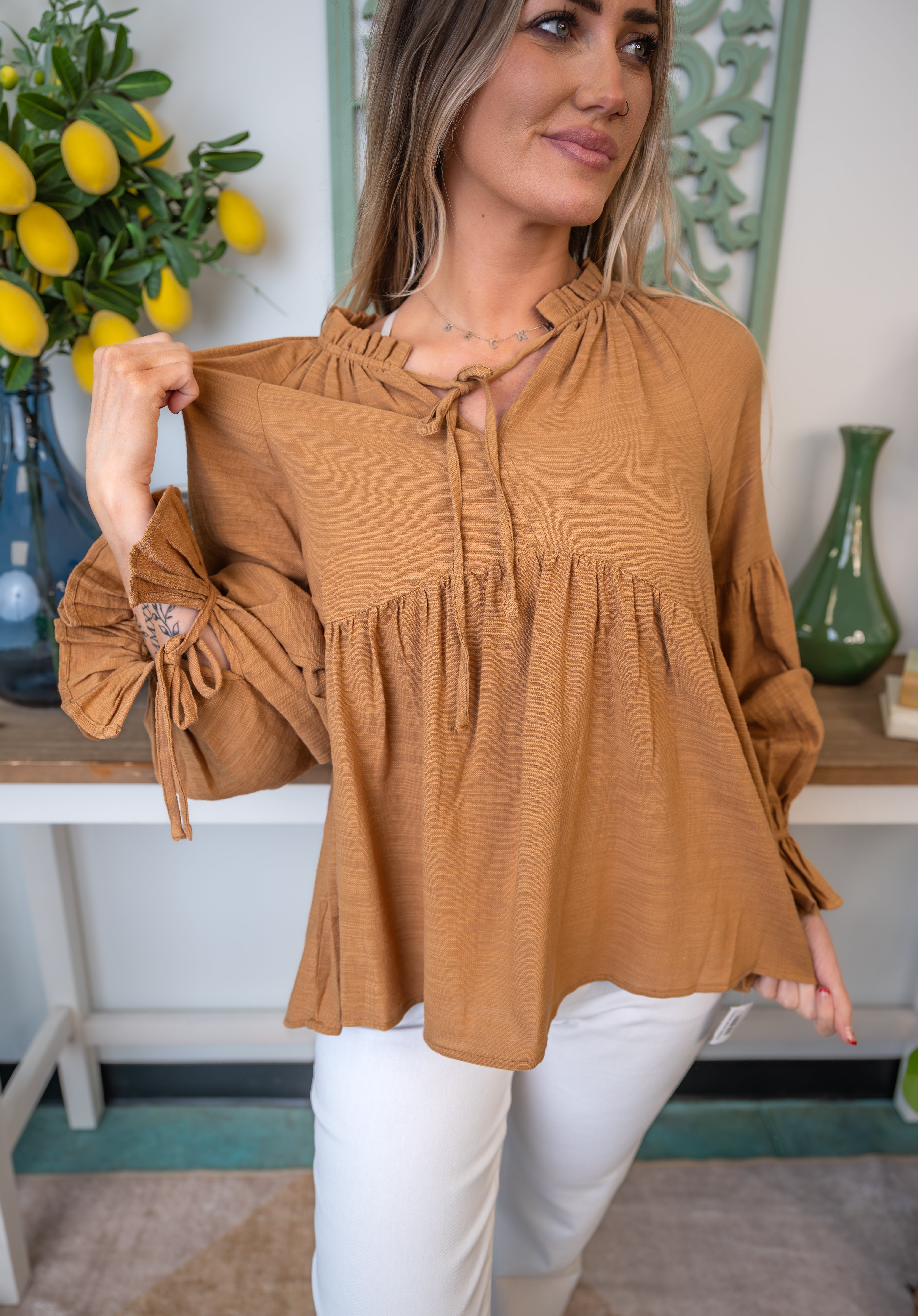 Ruffle Cuff Tie Neck Peasant Blouse