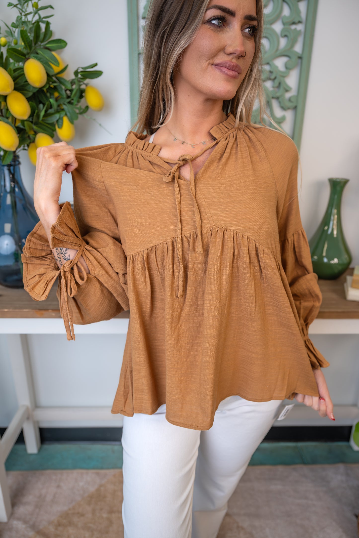 Ruffle Cuff Tie Neck Peasant Blouse
