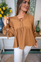 Ruffle Cuff Tie Neck Peasant Blouse