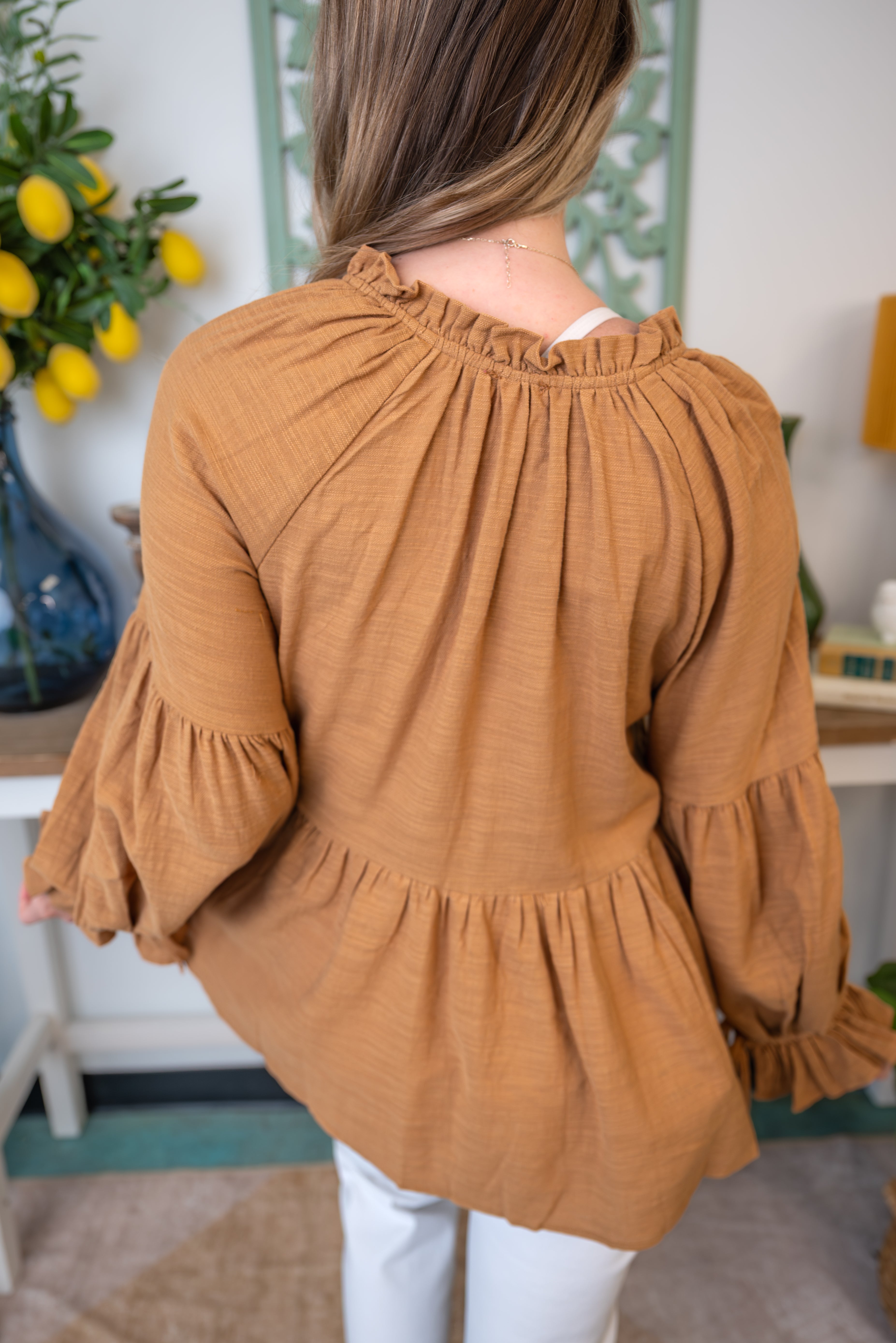 Ruffle Cuff Tie Neck Peasant Blouse