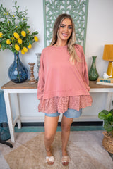 Ruffle Hem Balloon Sleeve Top - Rose