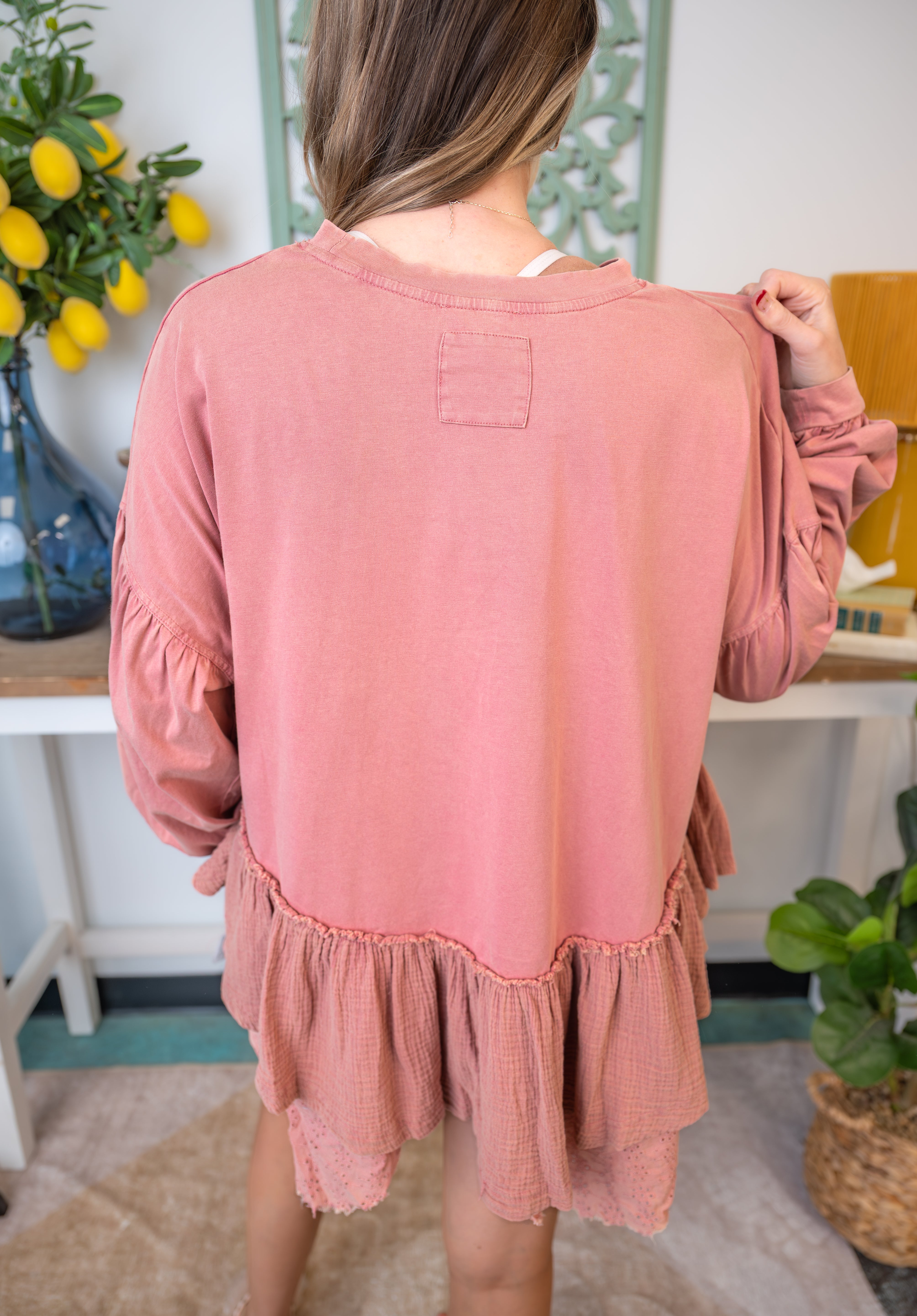Ruffle Hem Balloon Sleeve Top - Rose