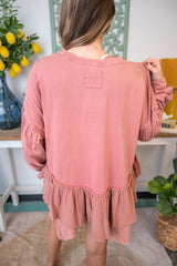 Ruffle Hem Balloon Sleeve Top - Rose