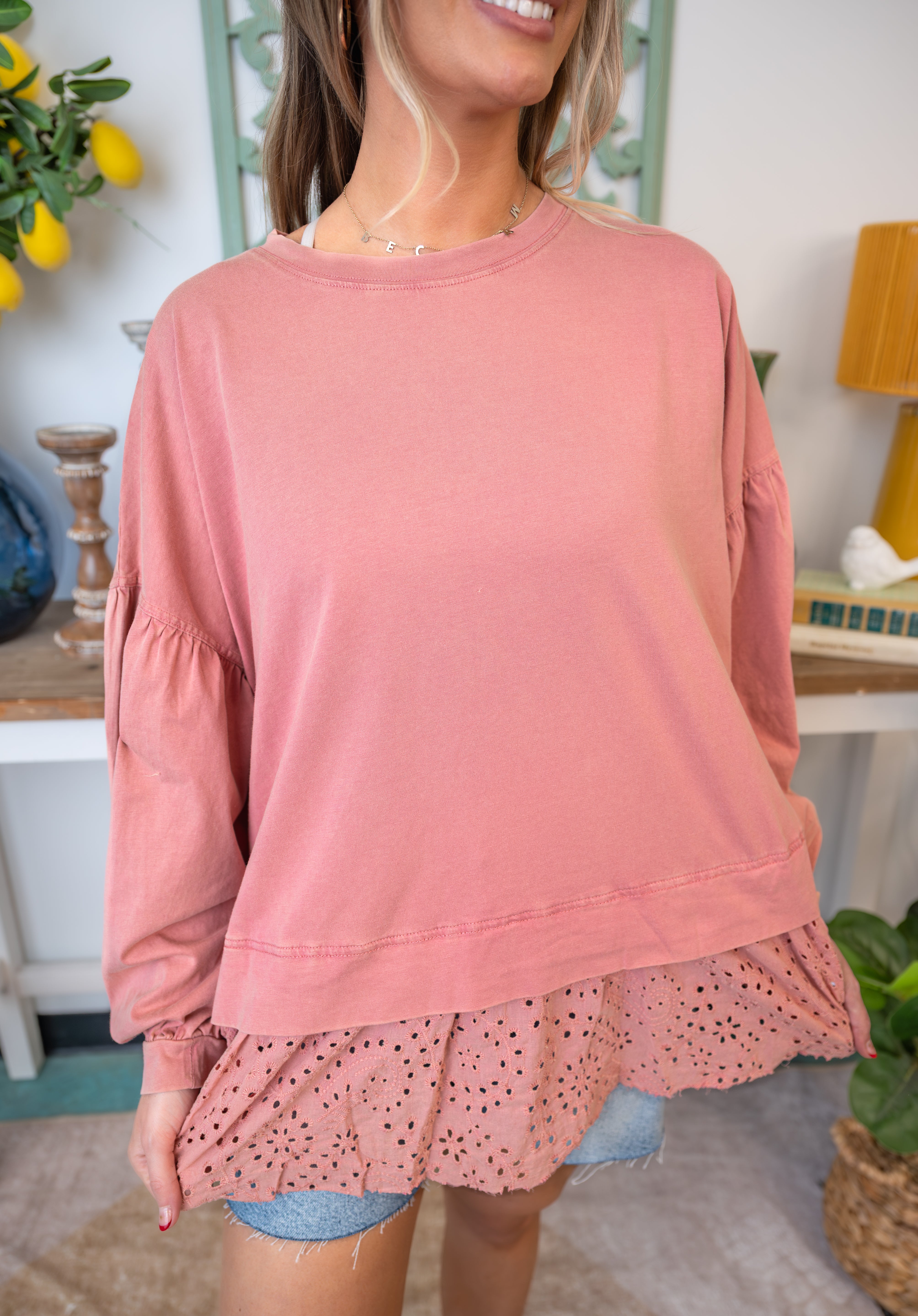 Ruffle Hem Balloon Sleeve Top - Rose