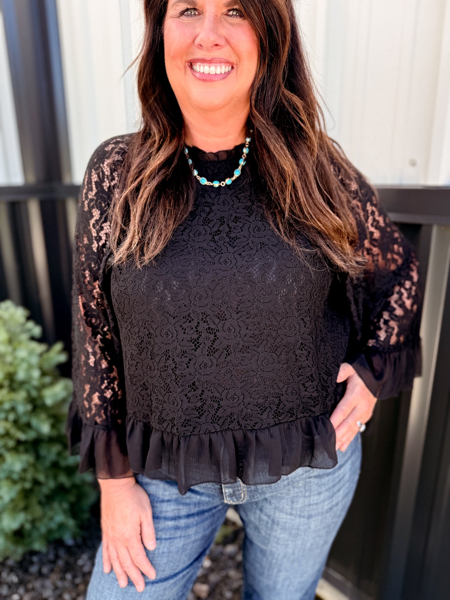 Ruffle Neck & Hem Bell Sleeve Loose Lace Blouse Top