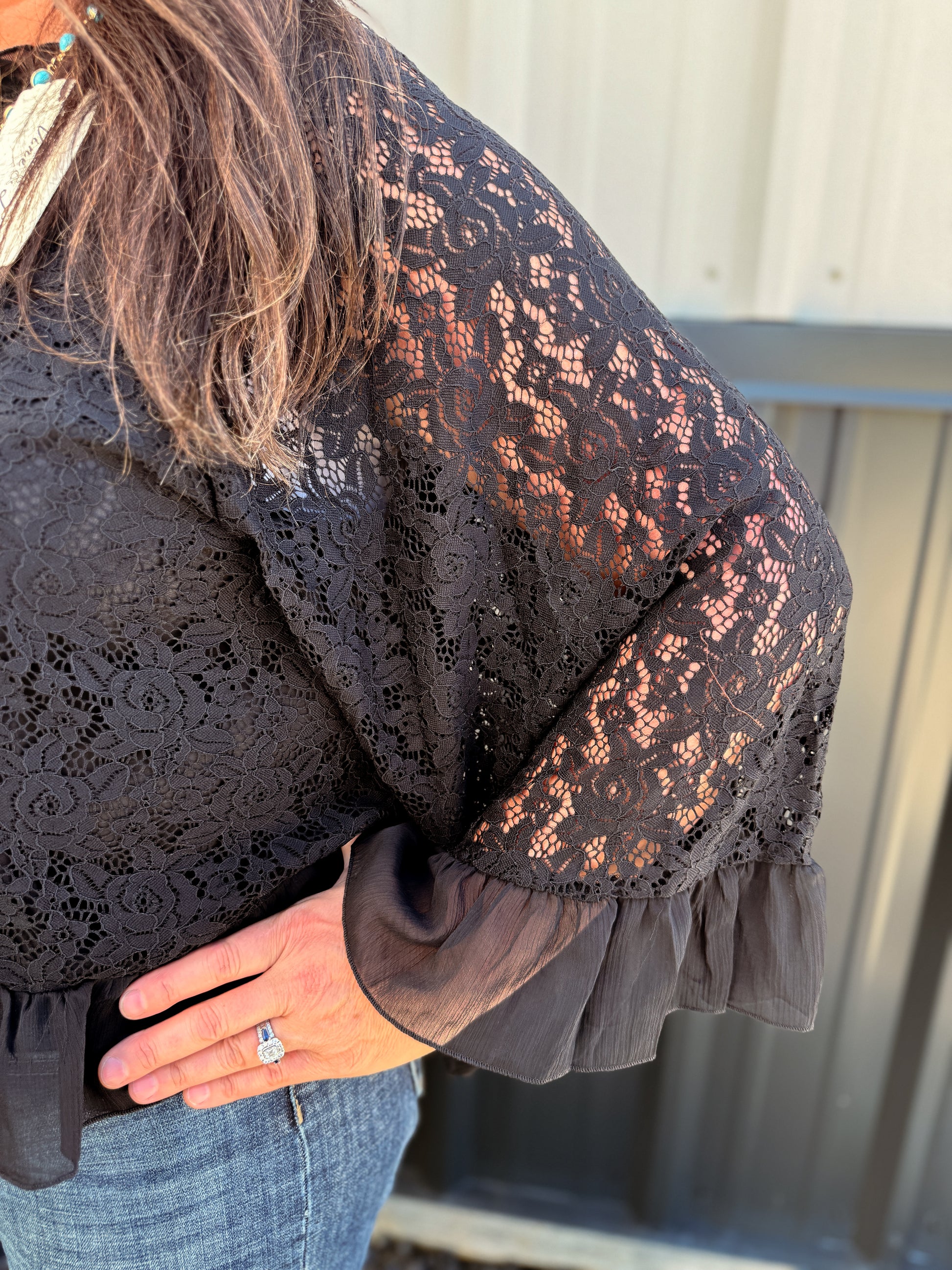Ruffle Neck & Hem Bell Sleeve Loose Lace Blouse Top