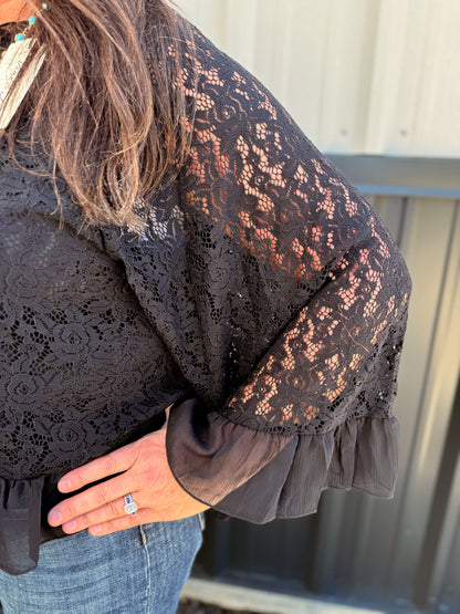 Ruffle Neck & Hem Bell Sleeve Loose Lace Blouse Top
