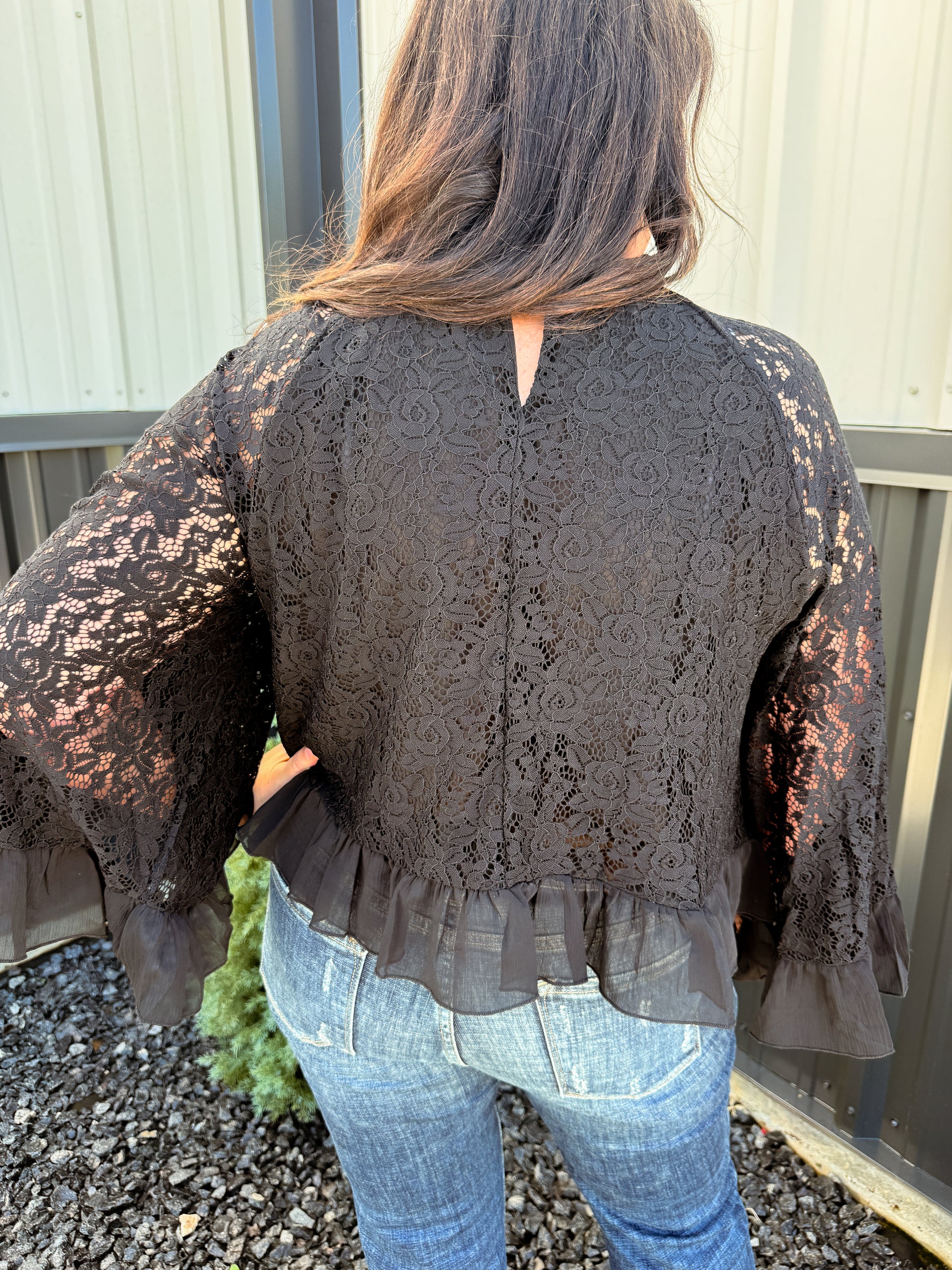 Ruffle Neck & Hem Bell Sleeve Loose Lace Blouse Top