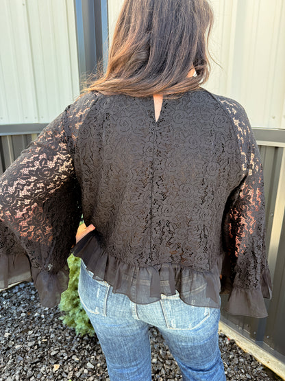 Ruffle Neck & Hem Bell Sleeve Loose Lace Blouse Top