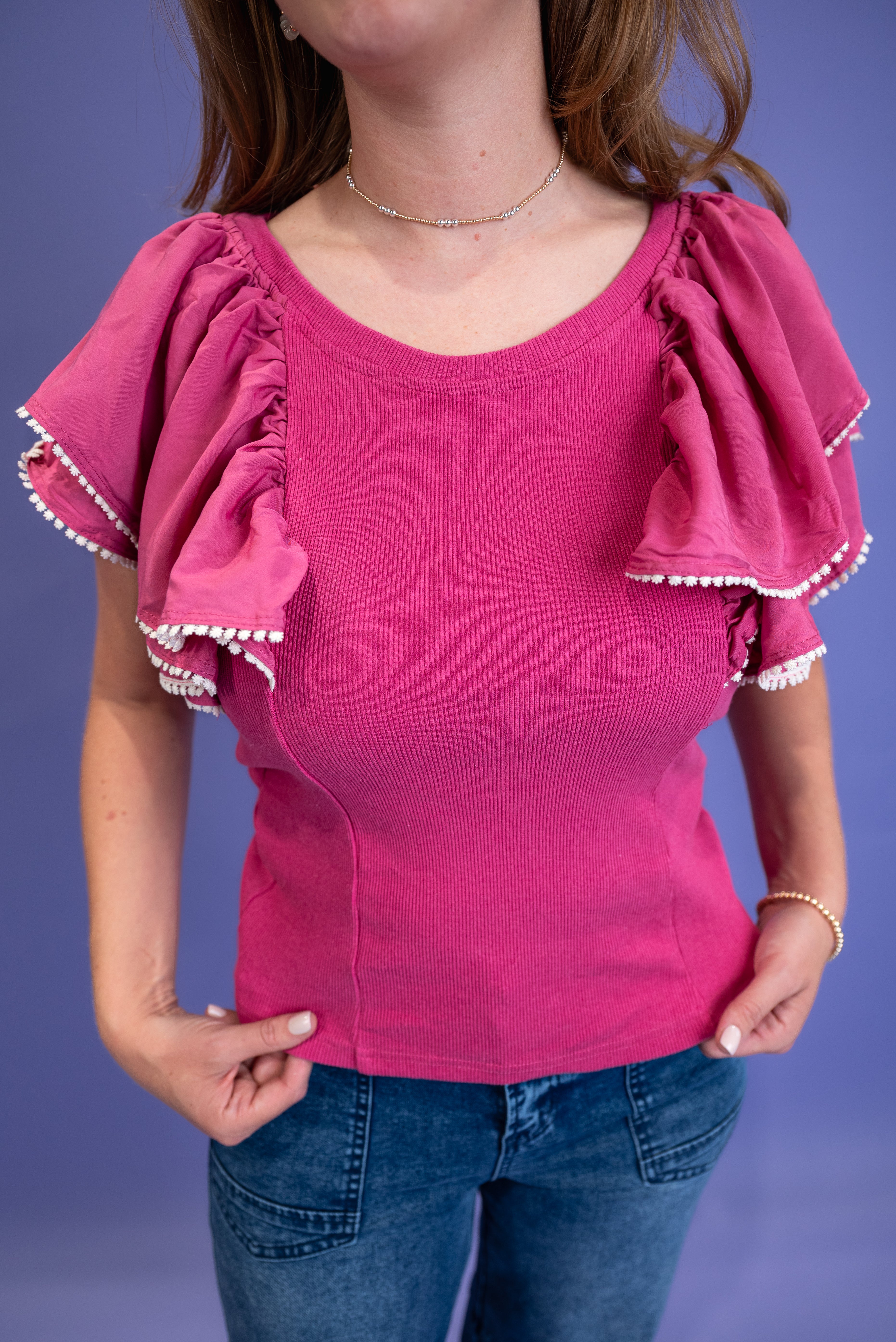 Ruffle Sleeved Rib Knit Top - Pink