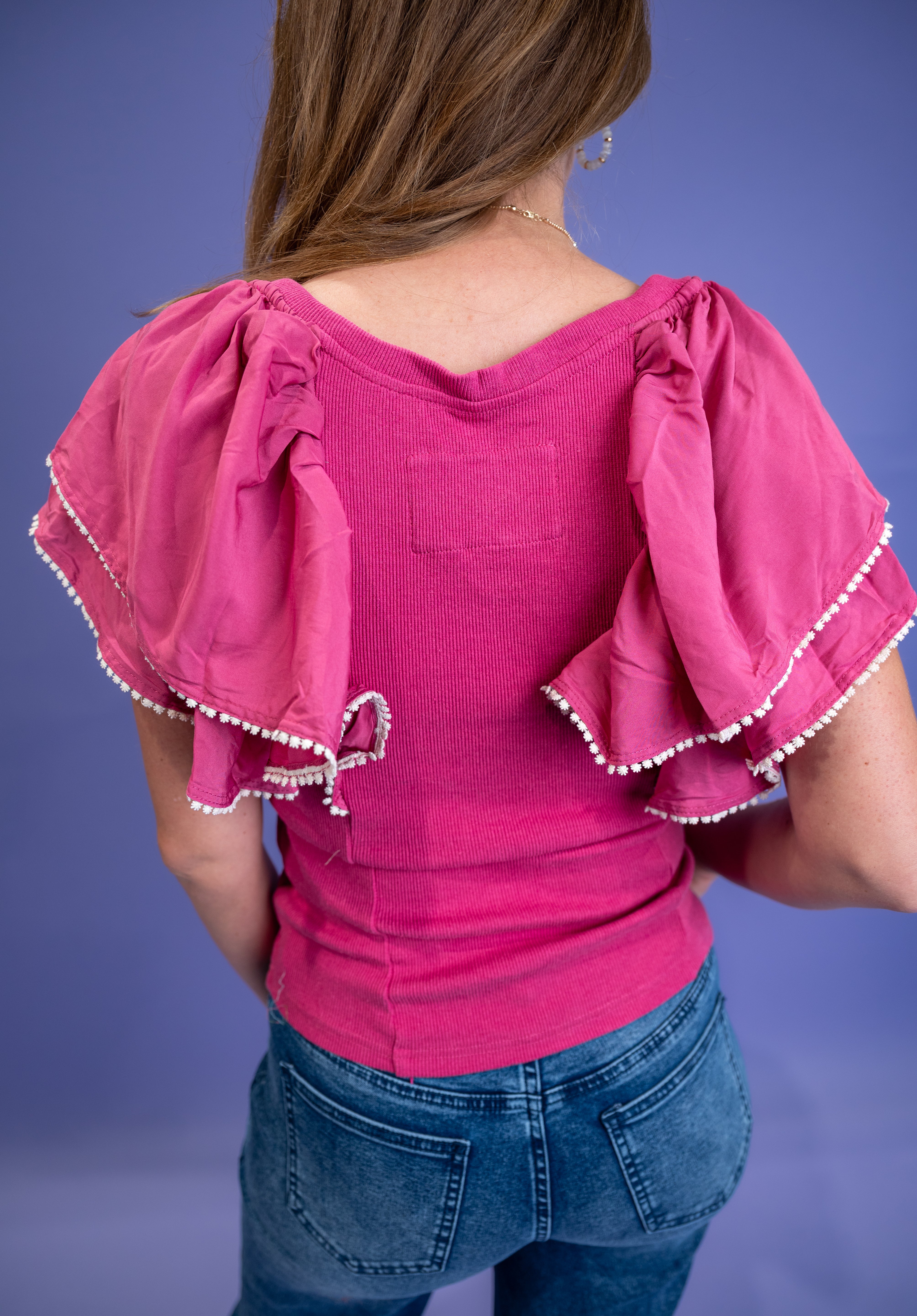 Ruffle Sleeved Rib Knit Top - Pink