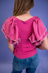 Ruffle Sleeved Rib Knit Top - Pink