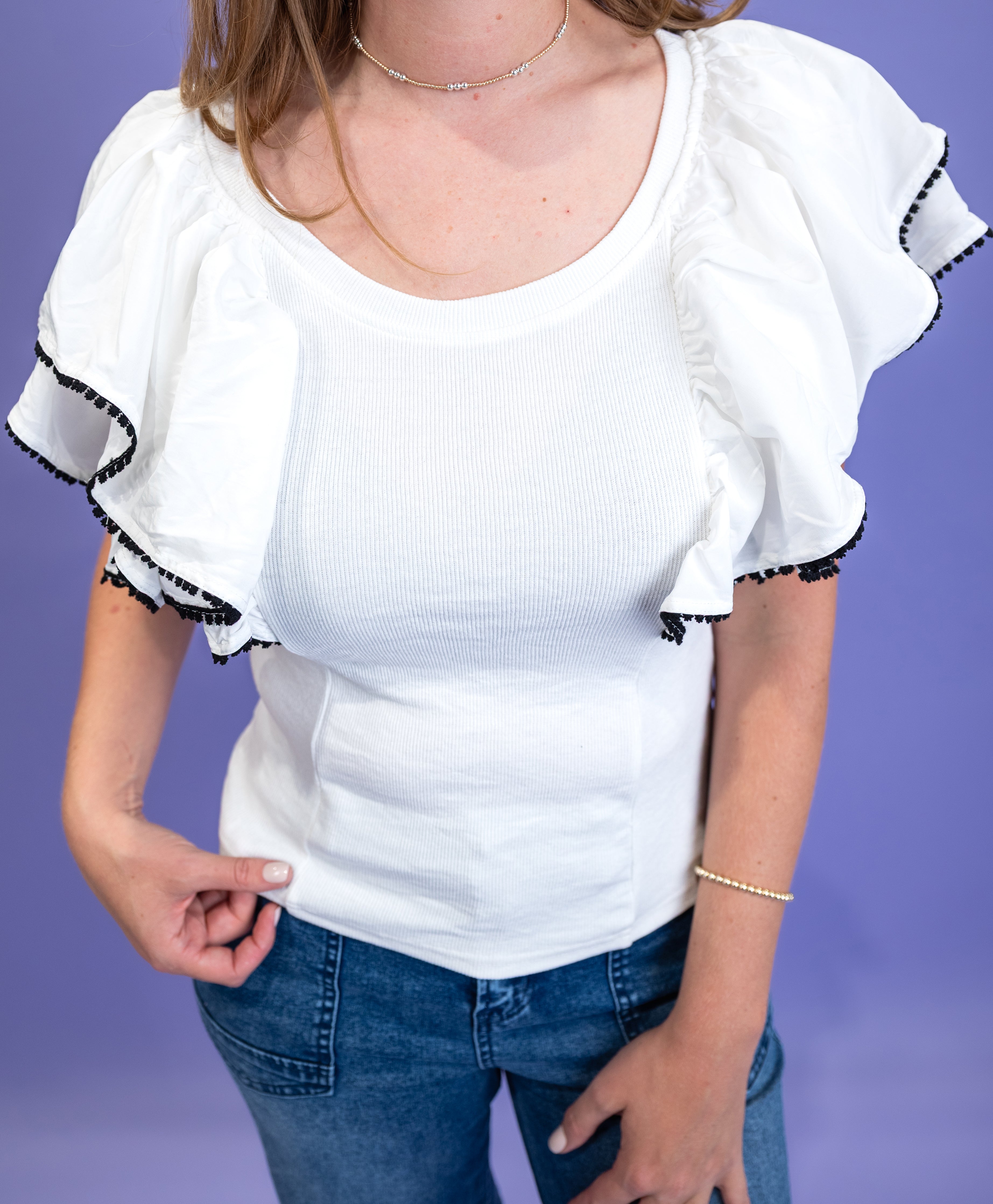 Ruffle Sleeved Rib Knit Top - White