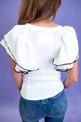 Ruffle Sleeved Rib Knit Top - White
