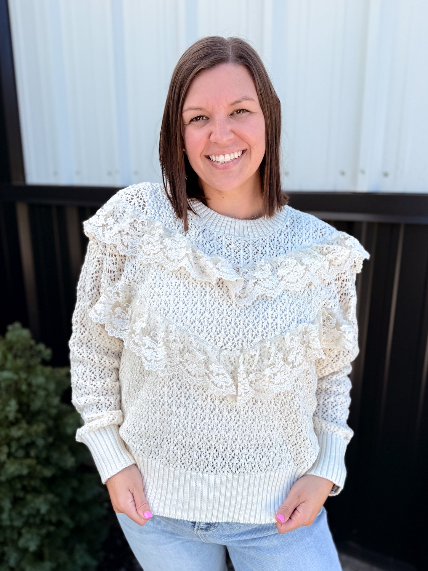 Ruffled Lace Accent Pointelle Crochet Knit Sweater