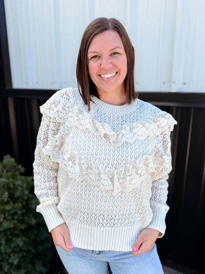Ruffled Lace Accent Pointelle Crochet Knit Sweater