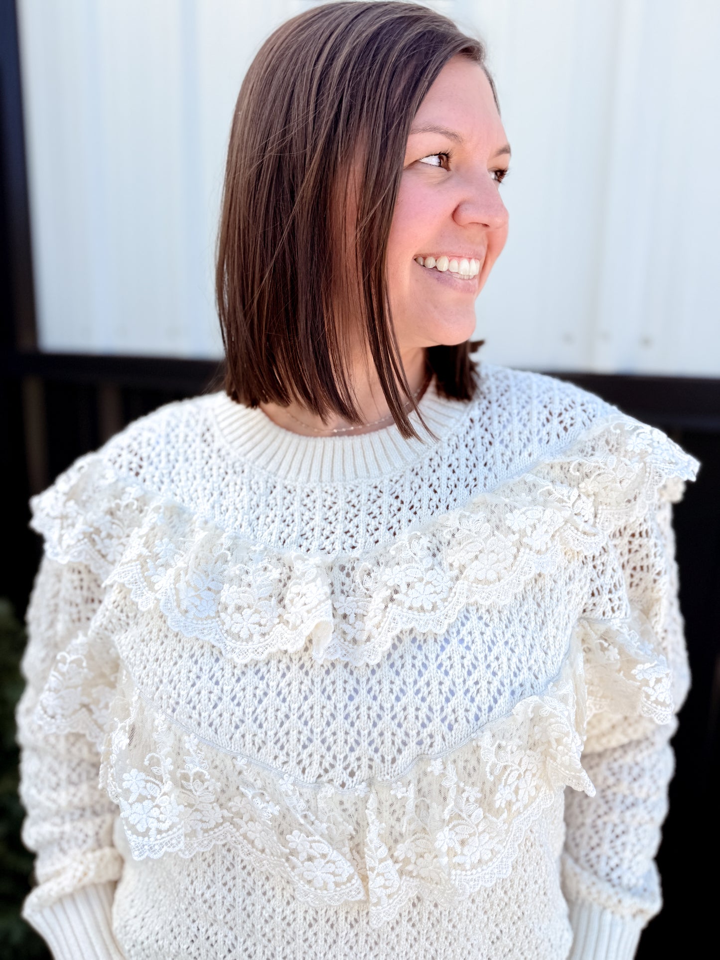 Ruffled Lace Accent Pointelle Crochet Knit Sweater