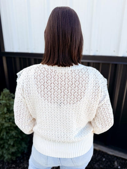 Ruffled Lace Accent Pointelle Crochet Knit Sweater